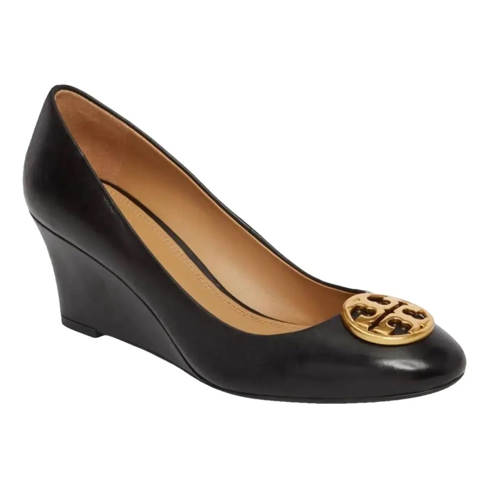Tory Burch Black Leather wedge with Logo Medallion